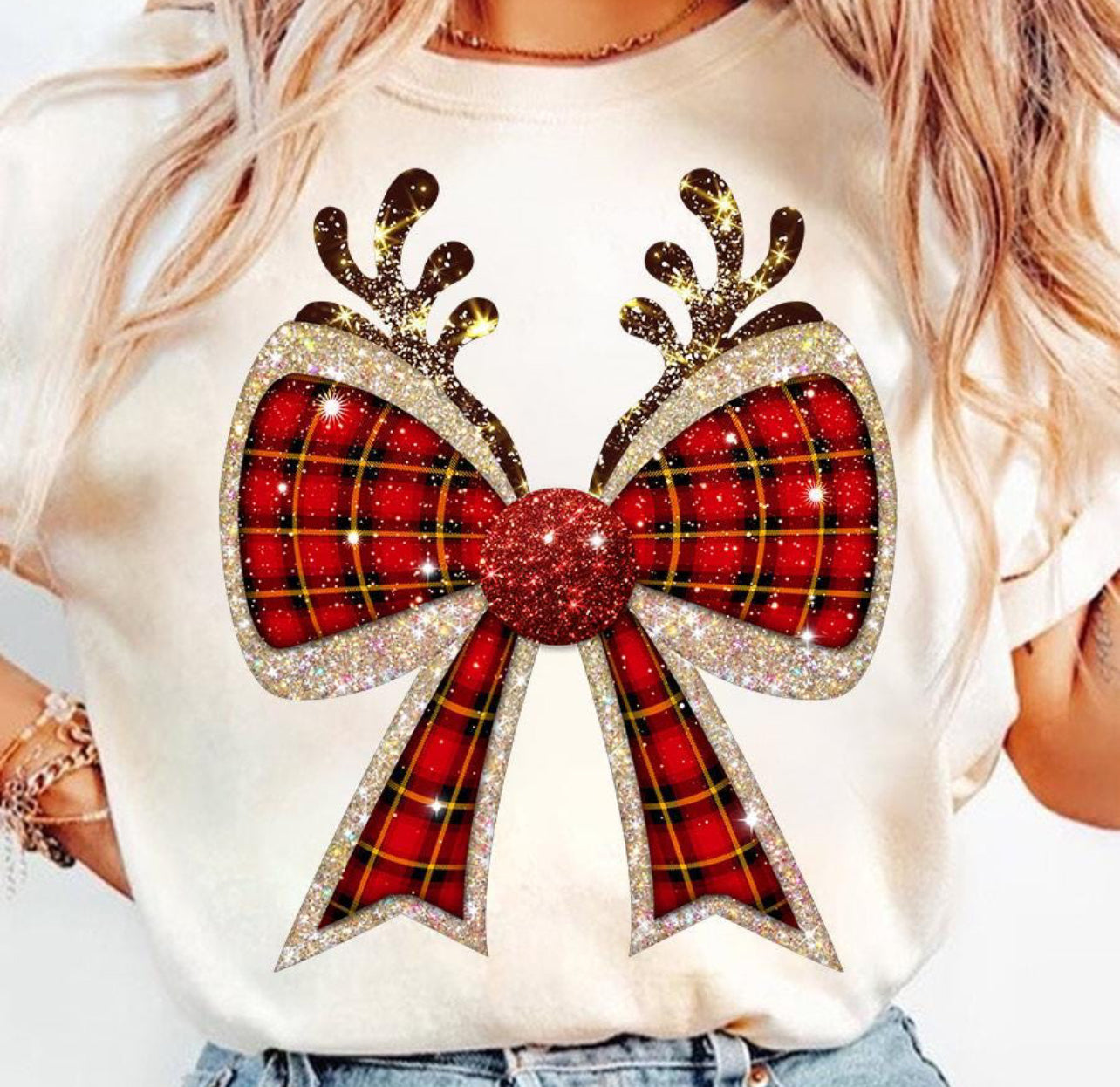 Faux Glitter Reindeer Bow